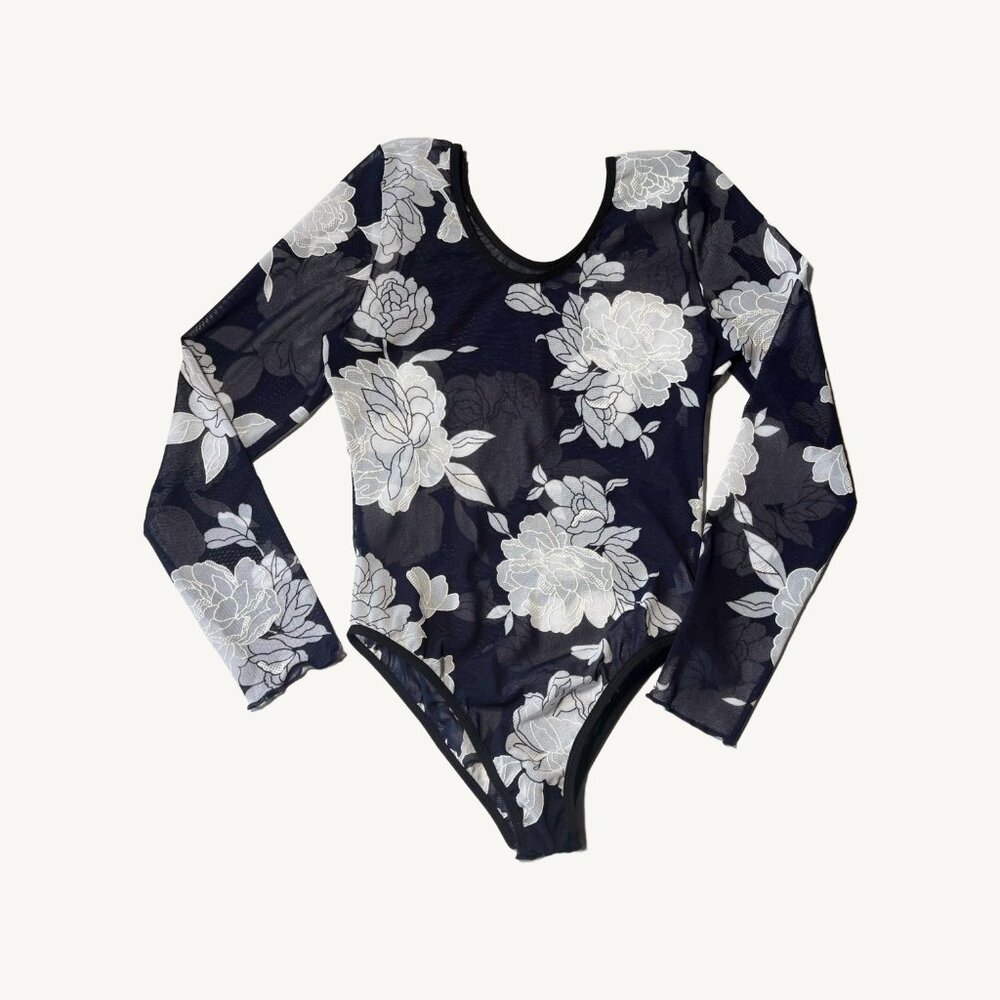 Fagioni NEW Made in Canada Long Sleeve Floral Mesh Bodysuit Navy & White